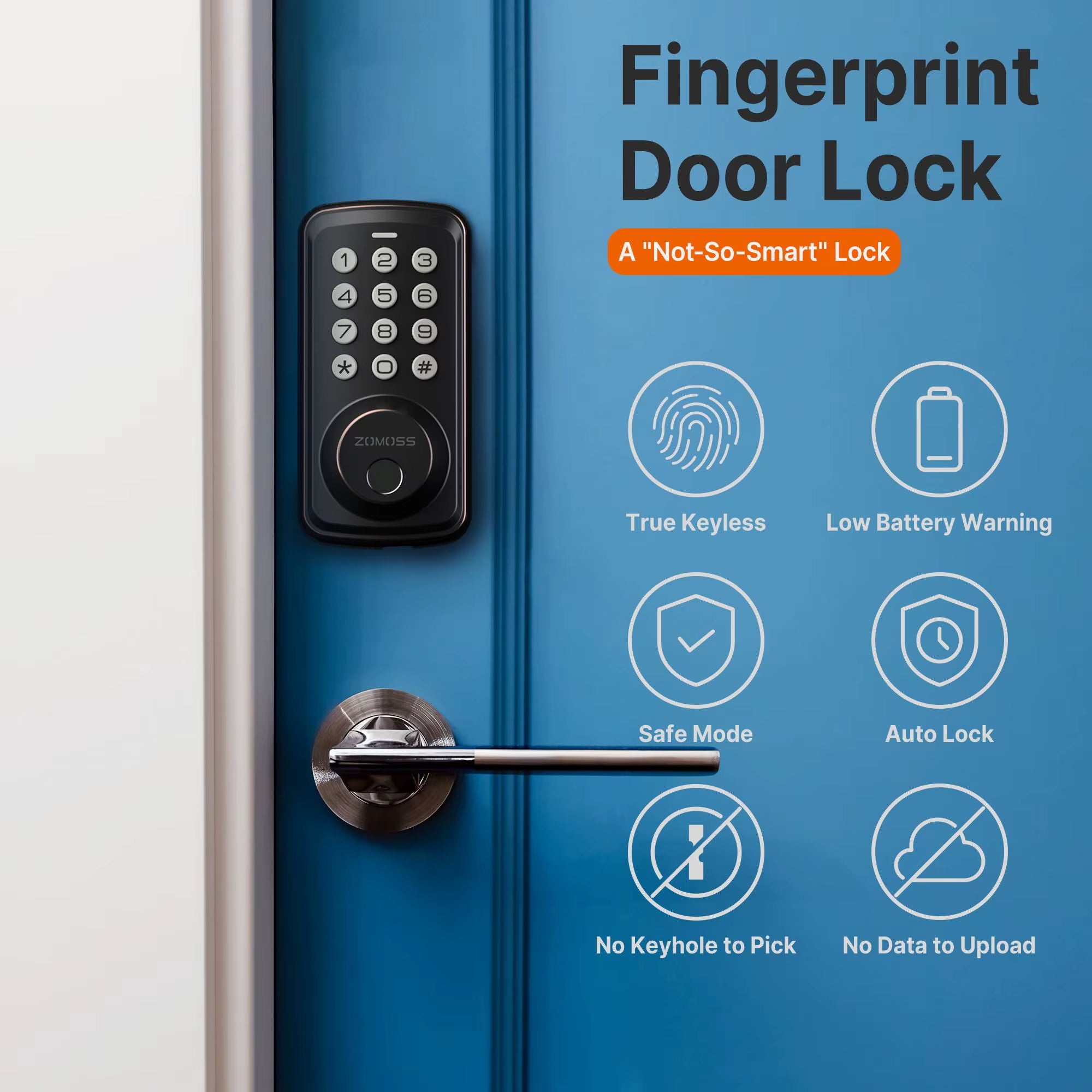 Fingerprint Keyless Entry Door Lock Deadbolt, Two Back-Up Keys, 20 Touch Locking and 20 User Codes, No Handle