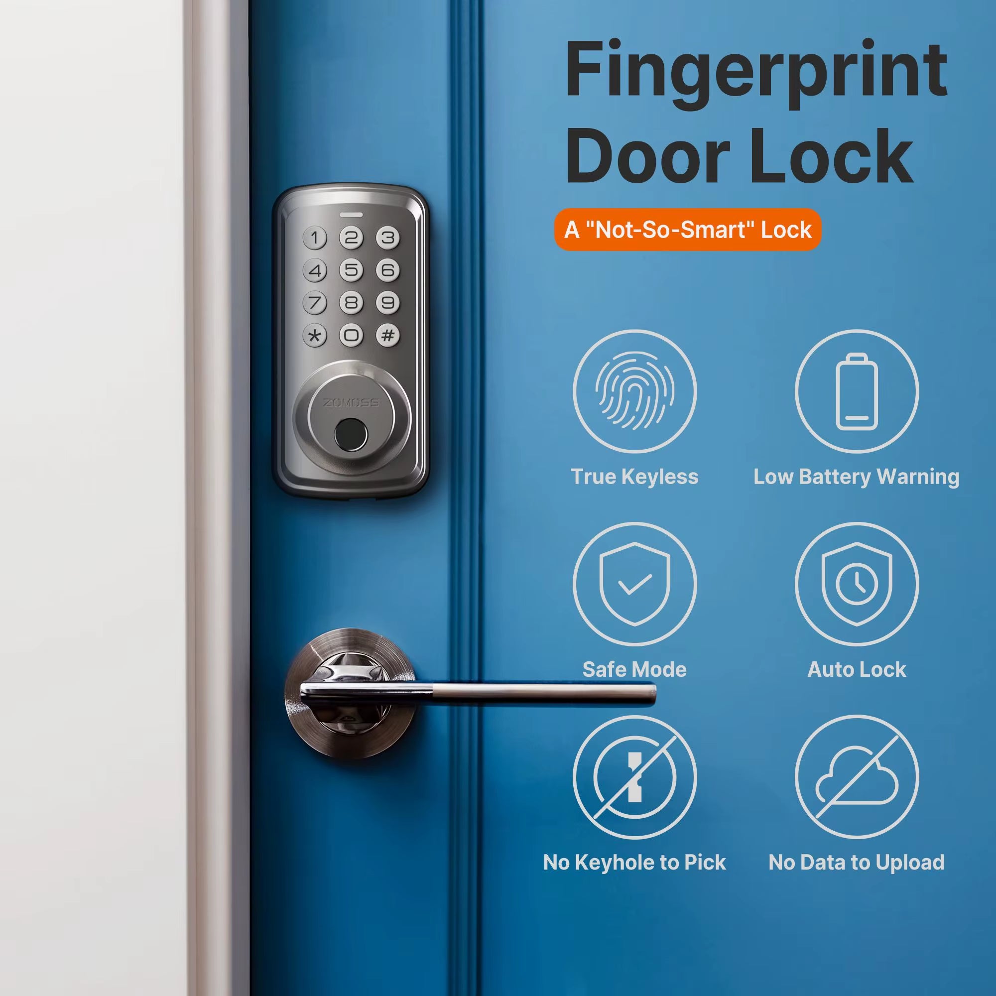 Fingerprint Keyless Entry Door Lock Deadbolt, Two Back-Up Keys, 20 Touch Locking and 20 User Codes, No Handle