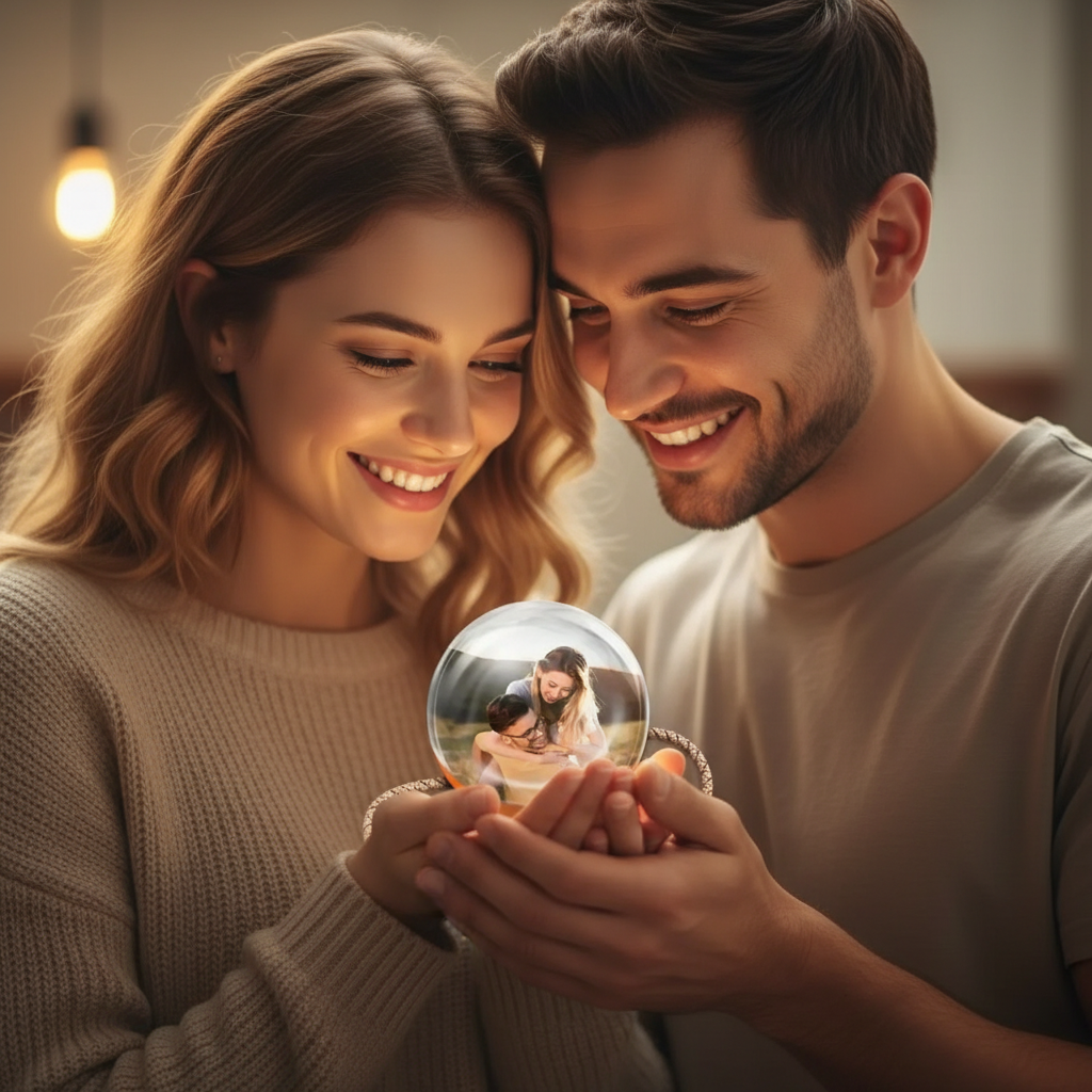 Couple viewing wedding photo in crystal sphere