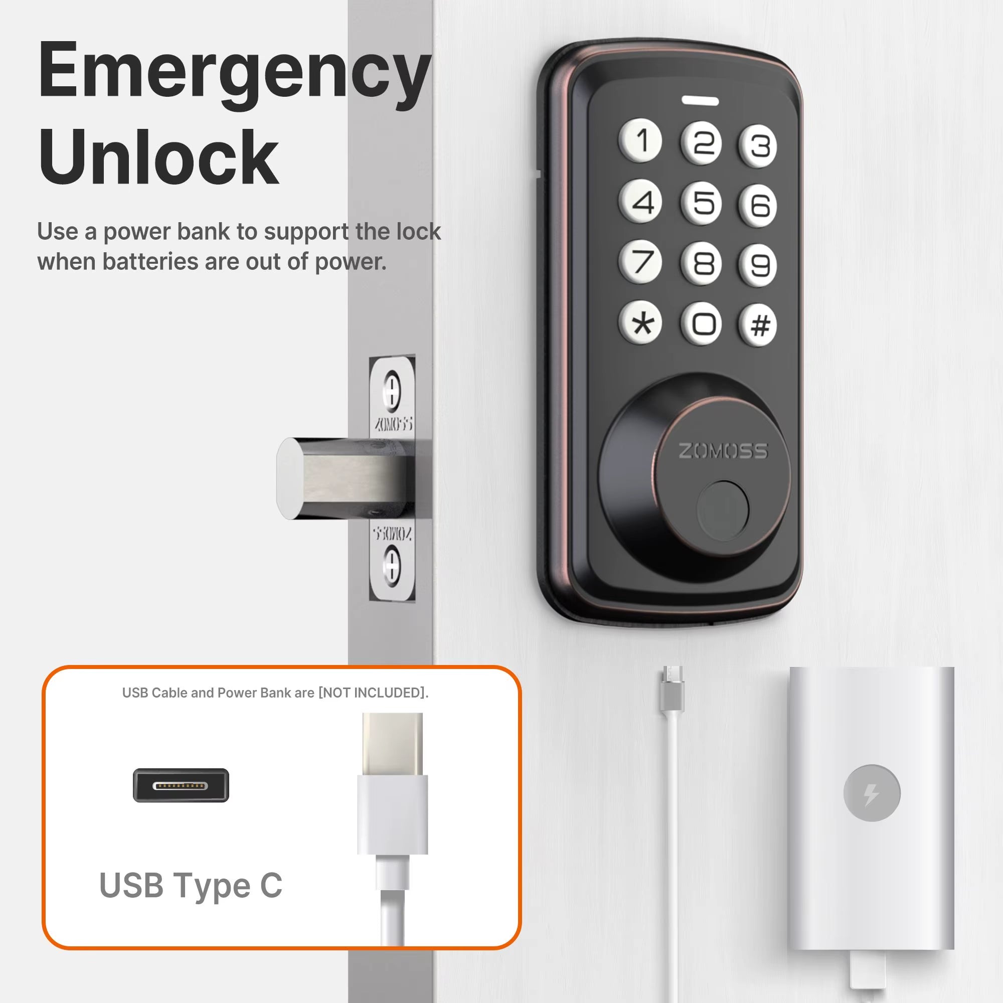Fingerprint Keyless Entry Door Lock Deadbolt, Two Back-Up Keys, 20 Touch Locking and 20 User Codes, No Handle